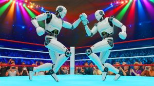 Illustration of humanoid robots engaging in a boxing match at the World Artificial Intelligence Conference 2025.