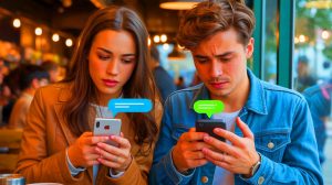 Illustration of the social dynamics and romantic implications of smartphone choices among young Americans, generated by artificial intelligence.