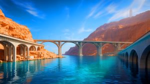 Illustration of a proposed bridge or tunnel connecting Saudi Arabia and Egypt across the Red Sea, generated by artificial intelligence.