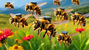 Illustration of mind-controlled bees equipped with the world's lightest brain controller, depicted as an artificial illustration.