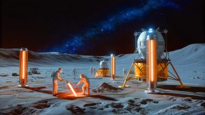 Illustration of a novel photothermal strategy converting lunar soil into fuel and oxygen, generated by artificial intelligence.
