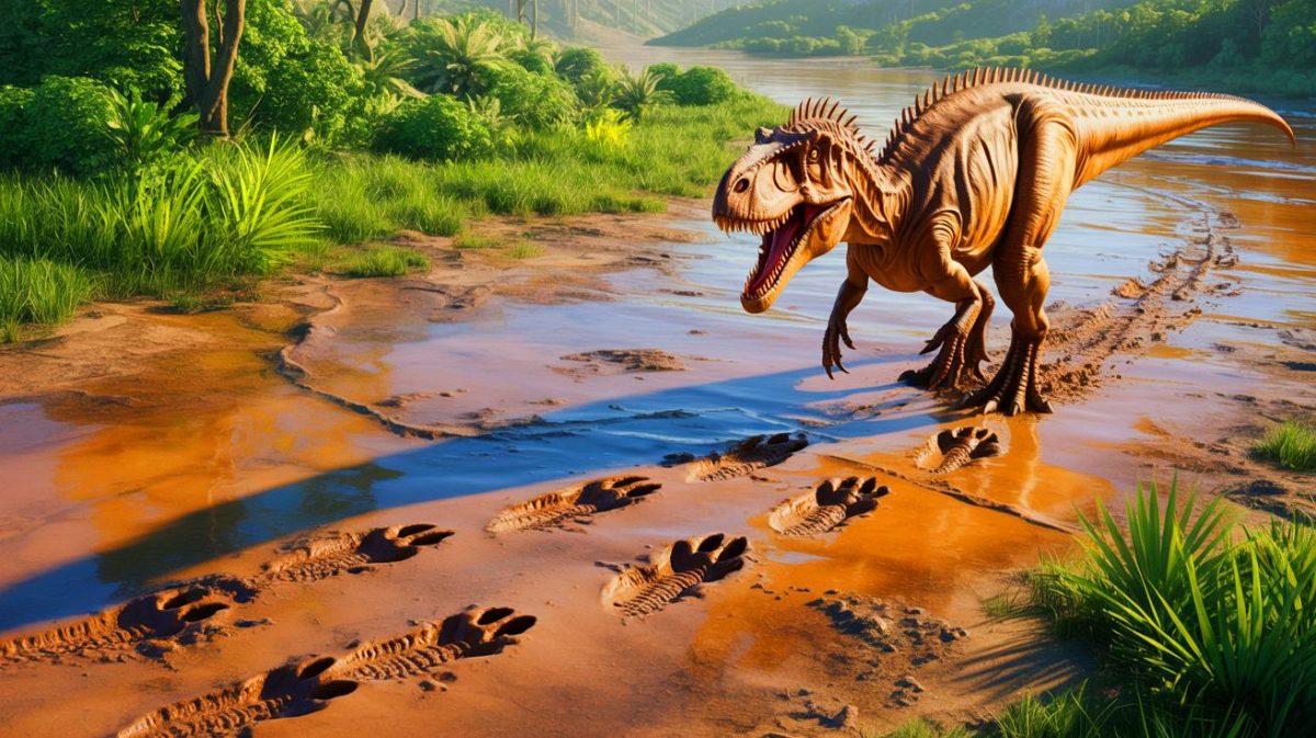 Illustration of a reimagined dinosaur trackway study revealing new insights into their speed. Image generated by AI.