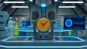Illustration of a thorium-229-based nuclear clock used to detect dark matter, generated by artificial intelligence.