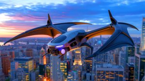 Illustration of bat-inspired drones equipped with ultrasonic sensors flying over a cityscape, created by artificial intelligence.