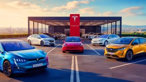 Illustration of Tesla's challenges in the French market amidst declining sales and increased competition, generated by artificial intelligence.