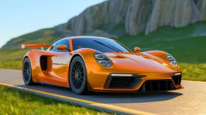 Illustration of the striking retro-modern design of the Oilstainlab HF-11 hypercar, generated by artificial intelligence.