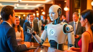 Illustration of a humanoid robot engaging in multilingual communication, generated by artificial intelligence.