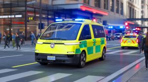 Illustration of a compact, low-speed electric ambulance designed for urban emergency response, generated by artificial intelligence.