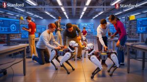Illustration of Stanford students engaging with AI-powered robot dogs, highlighting educational innovation, generated by artificial intelligence.