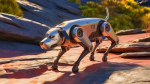 Illustration of a robot dog navigating various terrains, generated by artificial intelligence.