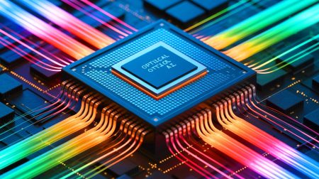 Illustration of a groundbreaking optical AI chip using light for ultra-fast data transmission, generated by artificial intelligence.