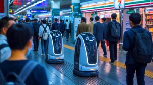 Illustration of autonomous delivery robots navigating Shenzhen's subway system, generated by artificial intelligence.
