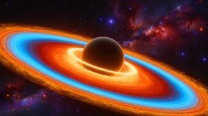 Illustration of two massive black holes merging into one, generated by artificial intelligence.