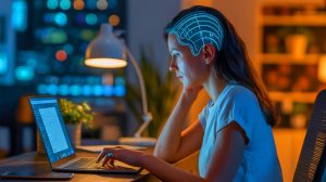 Illustration of Audrey Crews using Neuralink's brain-computer interface to write her name with her mind, generated by artificial intelligence.