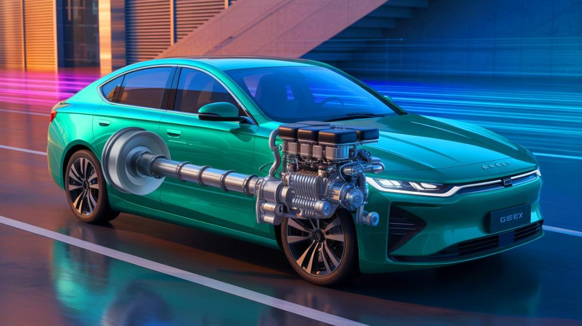 Illustration of Geely's innovative methanol engine challenging hydrogen and electric vehicles, created by artificial intelligence.