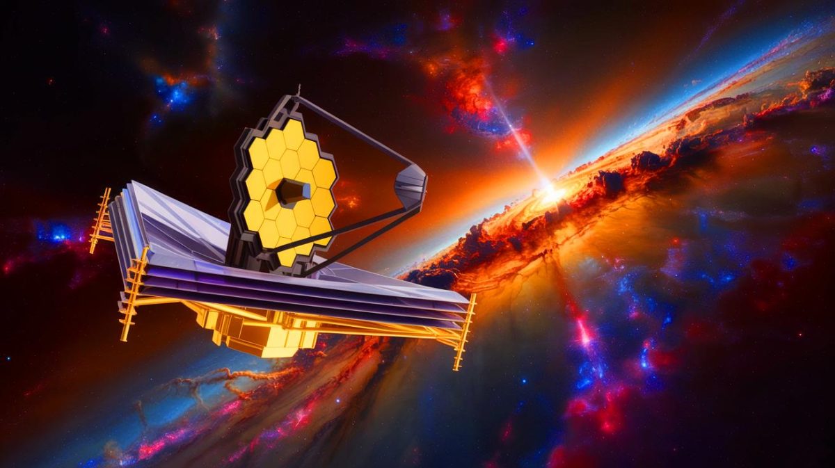 Illustration of the James Webb Space Telescope capturing images of distant galaxies in the early universe. Image generated by AI.