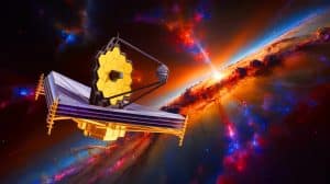 Illustration of the James Webb Space Telescope capturing images of distant galaxies in the early universe. Image generated by AI.