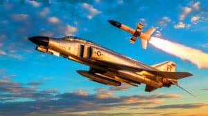Illustration of an F-4 Phantom aircraft launching a satellite into low Earth orbit, generated by artificial intelligence.
