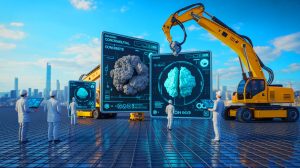 Illustration of Allegro-FM's AI-powered simulation model designing carbon-neutral concrete.