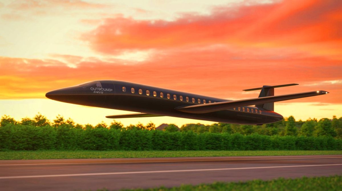 Illustration of Outbound Aerospace's prototype aircraft STeVE taking its first flight. Image generated by AI.