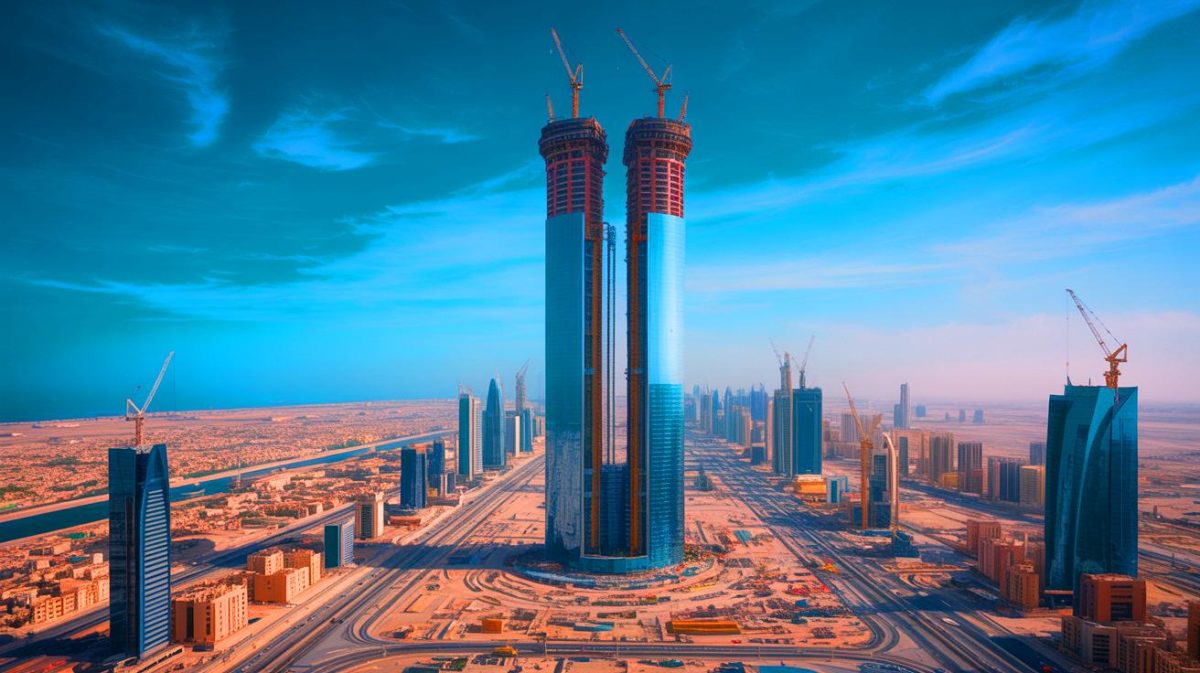 Illustration of the Jeddah Tower construction site resuming in Saudi Arabia, generated by artificial intelligence.