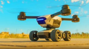 Illustration of the ATMO robot transforming mid-air from a flying drone to a wheeled rover. Image generated by AI.