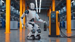 Illustration of the UBTech Walker S2 humanoid robot autonomously swapping its battery in an industrial environment.