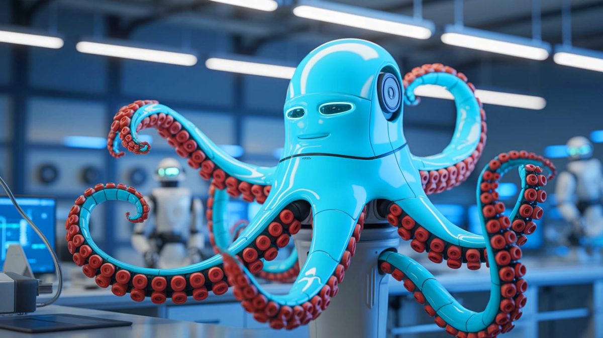 Illustration of a soft robot inspired by octopus limbs demonstrating autonomous intelligence. Image generated by AI.