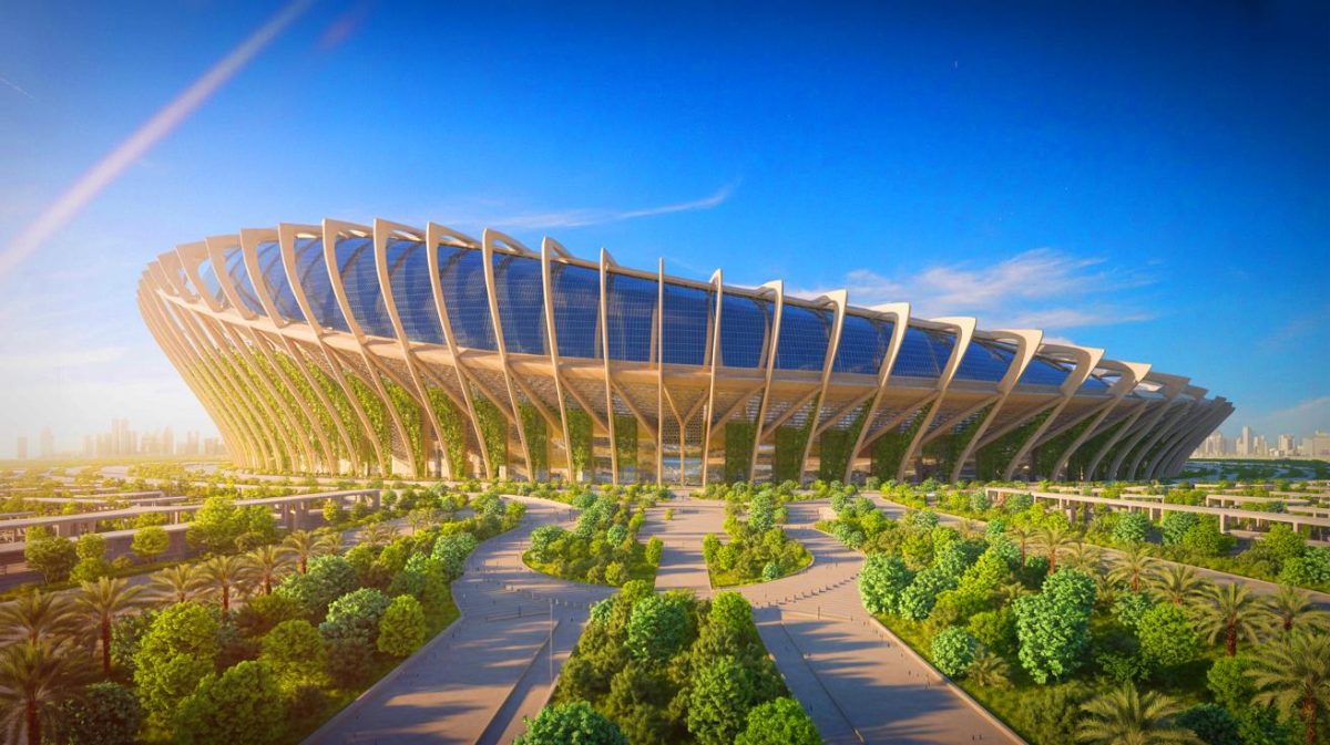 Illustration of Saudi Arabia's seed-inspired stadium with a 92,000-seat capacity. Image generated by AI.