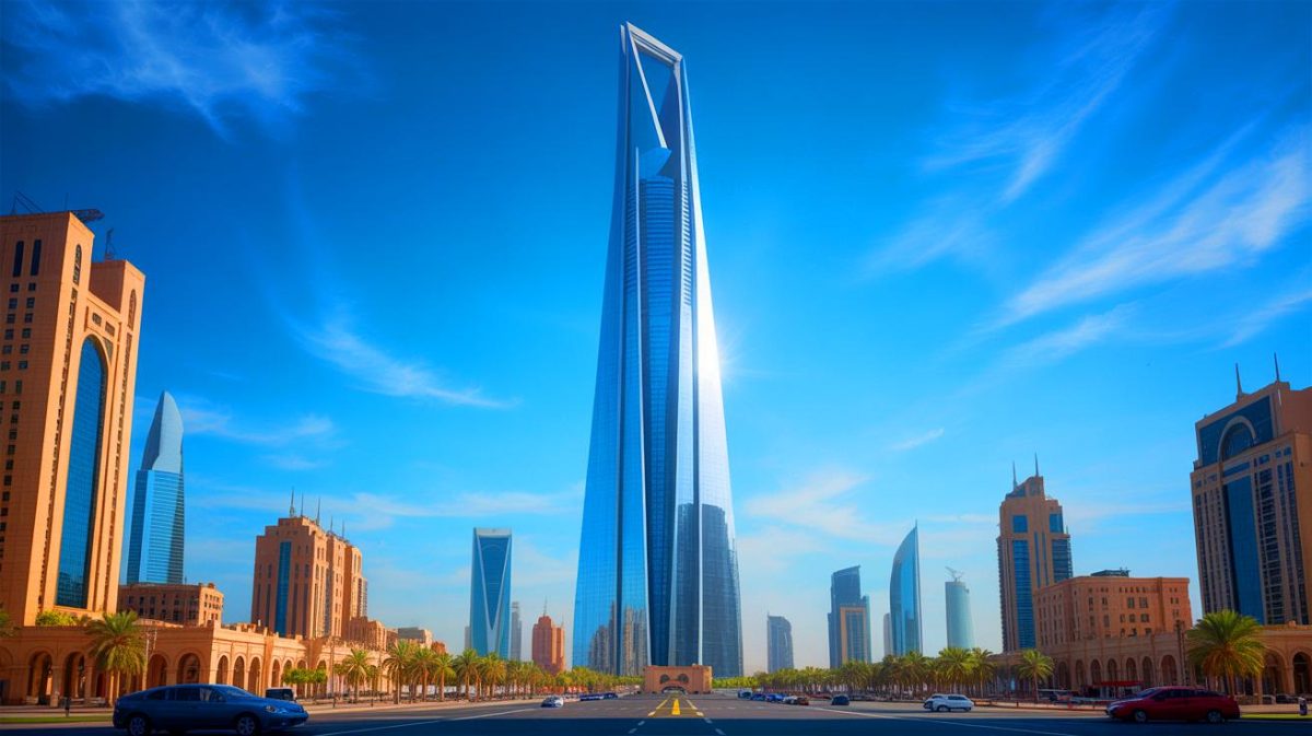 Illustration of a futuristic 1.2-mile-high skyscraper planned for Saudi Arabia. Image generated by AI.