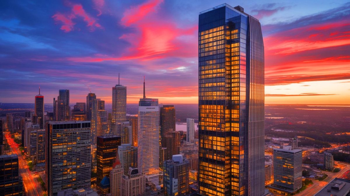 Illustration of One Bloor West skyscraper towering over Toronto's skyline. Image generated by AI.