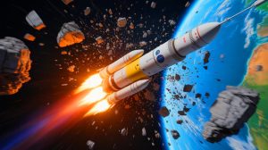 Illustration of China's Long March 6A rocket disintegration and resulting space debris, generated by artificial intelligence.