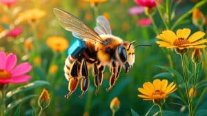 Illustration of cyborg bees controlled by advanced technology for reconnaissance purposes, generated by artificial intelligence.