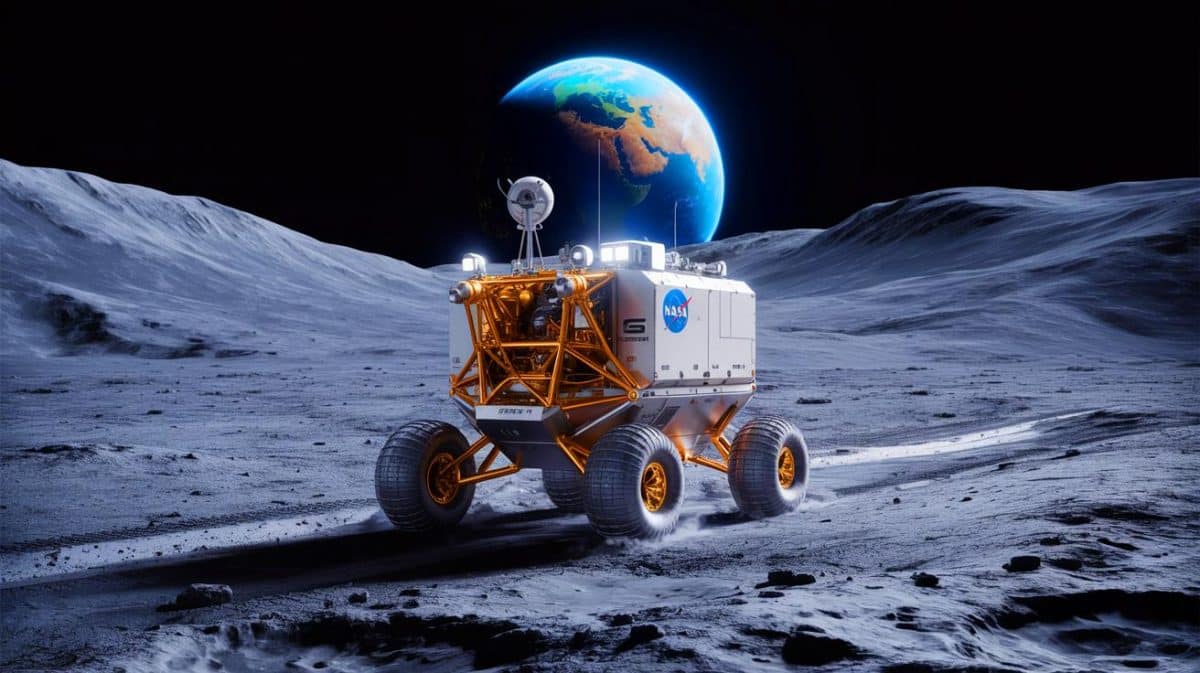 “These Tools Could Rewrite Moon History”: NASA Unleashes High-Tech Gear to Map Lunar Subsurface and Hunt Hidden Minerals Illustration of NASA's Lunar Terrain Vehicle exploring the moon's south polar region, generated by artificial intelligence.