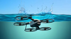 Illustration of a 3D-printed drone transitioning between air and water environments, generated by artificial intelligence.