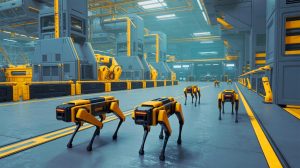 Illustration of robot dogs patrolling an industrial site, highlighting their role in modern safety and efficiency, generated by artificial intelligence.