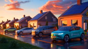 Illustration of electric vehicles and household hot water systems transforming a city into an energy storage hub, created by artificial intelligence.
