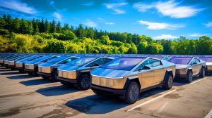 Illustration of Tesla Cybertrucks stored in a large parking area, highlighting concerns about prolonged storage, generated by artificial intelligence.