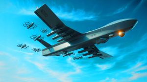 Illustration of the Jiu Tian drone carrier, the world's largest, poised to revolutionize military operations with drone swarms.