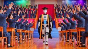Illustration of a humanoid robot participating in a high school graduation ceremony in China, generated by artificial intelligence.
