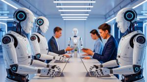 Illustration of humanoid robots integrating advanced artificial intelligence systems into everyday environments.