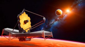 Illustration of the James Webb Space Telescope capturing its first exoplanet, TWA 7b, as an artificial illustration.