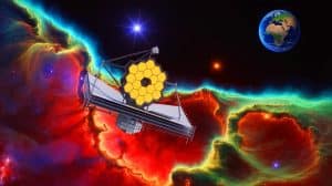 Illustration of the James Webb Telescope detecting cation methyle (CH₃⁺) in the Orion Nebula, generated by artificial intelligence.