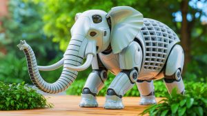 Illustration of an elephant-inspired robot with a soft-rigid foam lattice design, generated by artificial intelligence.