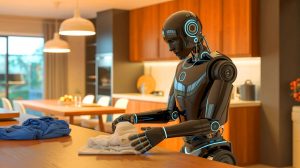 Illustration of a black robot with Vision-Language-Action model performing household tasks, generated by artificial intelligence.