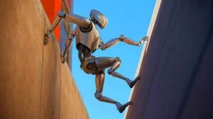 Illustration of KLEIYN, a quadruped robot, climbing a vertical surface, generated by artificial intelligence.
