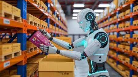 Illustration of Kinisi Robotics' KR1 humanoid robot performing pick-and-place tasks in a warehouse, highlighting its precision and adaptability.