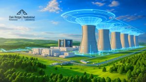 Illustration of the collaboration between Oak Ridge National Laboratory and Atomic Canyon to revolutionize nuclear licensing using AI, generated by artificial intelligence.