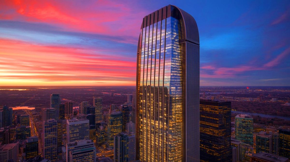 Illustration of One Bloor West tower dominating the Toronto skyline. Image generated by AI.