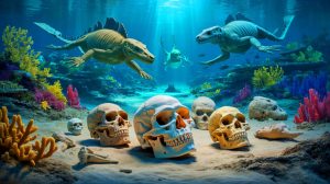 “We Found a Lost World Under the Sea”: Archaeologists Uncover 140,000-Year-Old Submerged Land Teeming With Ancient Giants and Vanished Humans Illustration of a forgotten underwater world near Indonesia, with ancient fossils and human remains, generated by artificial intelligence.